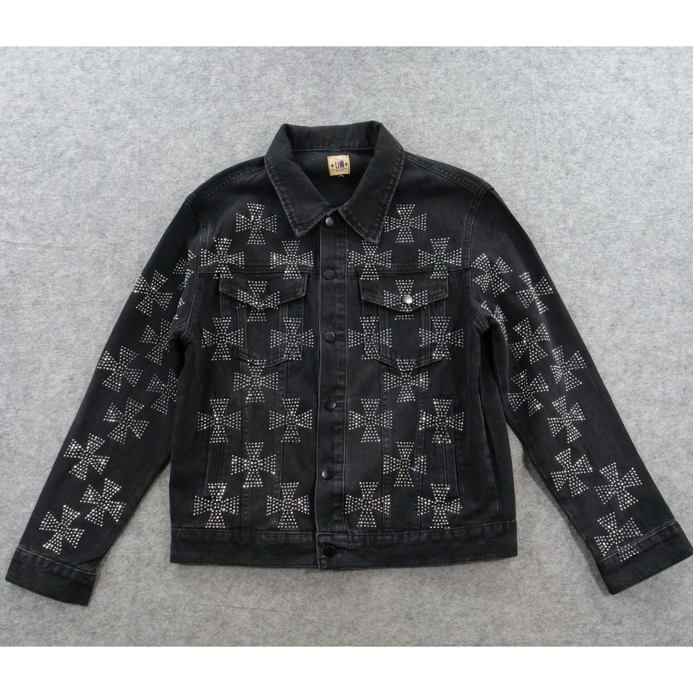 Uncle Ralph Denim Jacket Womens Large Black Rhinestones Jean Cross Pattern